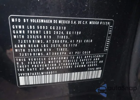 2020 Volkswagen Tiguan 2.0T Se/2.0T Se R-Line Black/2.0T Sel из США, поврежденный, VIN 3VV2B7AX5LM104011